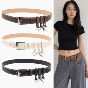 Dames Mode PU Leer Riem Wit Contraststiksel Vierkante Legering Gesp Taille Riem Met Metalen Ringen Voor Jeans Decoratie
