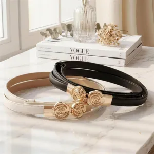 Elegante cintura sottile vintage da donna con fibbia a rosa dorata ideale per abiti