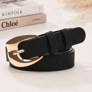 French retro women's black belt with elegant gold-tone crescent buckle
