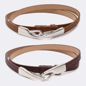 Minimalist women's adjustable leather waist belt for dresses in brown and tan colors