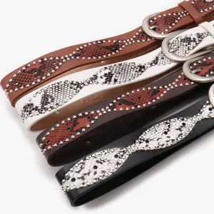 Y2K American style studded pin buckle belts with snake print and silver rivets