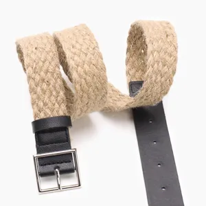Vintage gevlochten hennep touw riem voor dames met zwart lederen patchwork details.