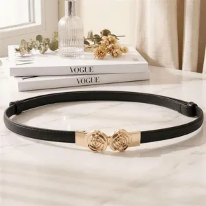 Cintura sottile nera elegante per donna con fibbia a rosa dorata stile vintage per vestiti