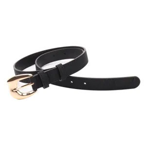 Vintage French style black leather belt for women with elegant oval gold buckle
