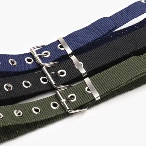 Durable woven nylon-style belts with metal buckles in navy, black, and olive green.