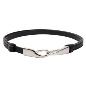 Elegant minimalist black thin belt for women with sleek silver metal buckle closure