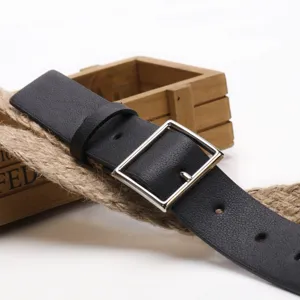 Vintage zwarte leren riem voor dames met zilveren gesp en rustiek henneptouw