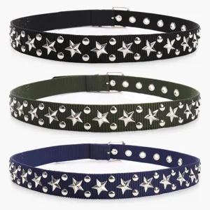 Punk style nylon woven belts featuring silver star studs in black green and navy blue