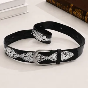 Black Y2K leather belt with silver beads and pin buckle, trendy accessory for jeans