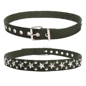 Military green nylon belt with silver star studs and classic square metal buckle