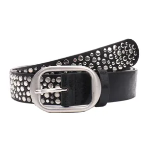 Ceinture punk noire avec clous métalliques argentés irréguliers et boucle ovale