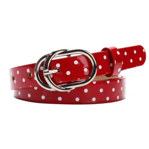 Ceinture fine rouge élégante pour femmes avec pois blancs et boucle argentée à double anneau