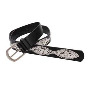 Stylish black Y2K belt featuring snake skin patches, silver studs, and pearl accents