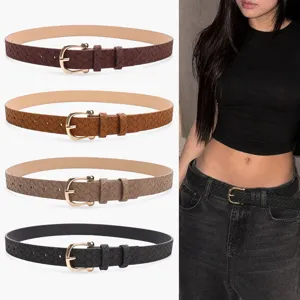 Fashion Women PU Leather Belt With Personalized Horseshoe Buckle Braided Texture Decorative Waist Strap For Jeans Dresses