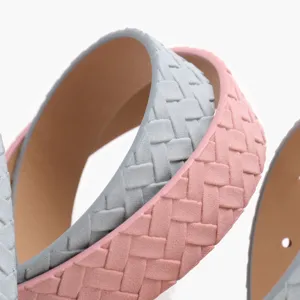 Stylish women's braided belt with woven texture for jeans in pink and light blue colors.