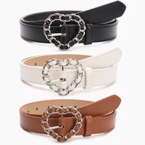 Stylish women's belts with heart-shaped chain buckles in black, white, and brown colors.
