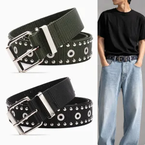 Unisex punk style studded nylon webbing belt with silver eyelets and metal buckle