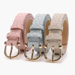 Three stylish woven texture belts with gold horseshoe buckles in soft pastel colors.