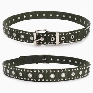 Military green punk style canvas belt featuring double row silver rivets and metallic grommets
