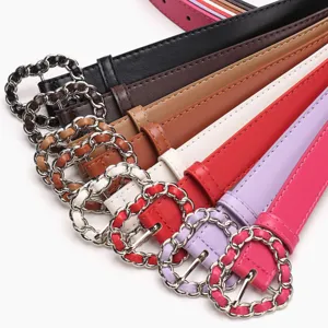 Elegant women's leather belts with stylish chain link circular buckles in multiple colors