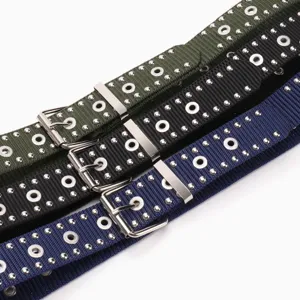 Punk style imitation nylon webbing belt with double-row metal studs for men and women