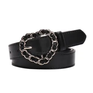 Elegant black leather belt for women featuring a stylish heart-shaped chain buckle