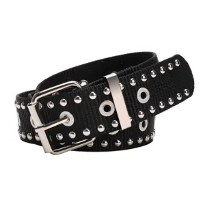 Black punk style nylon belt with double-row silver studs and eyelets for jeans