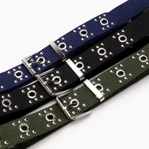 Punk style nylon belts with silver grommets and rivets in navy, black, and olive