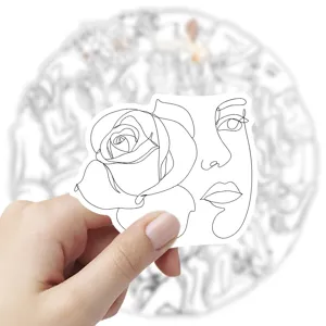 Adesivo minimalista con volto di donna e rosa per decorazione creativa laptop