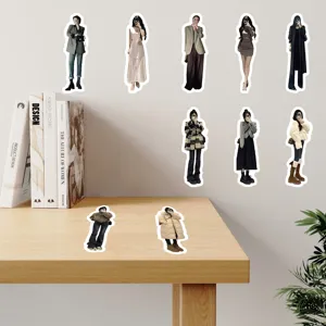Detailed close-up showing various stylish workplace girl outfit stickers for DIY scrapbooks