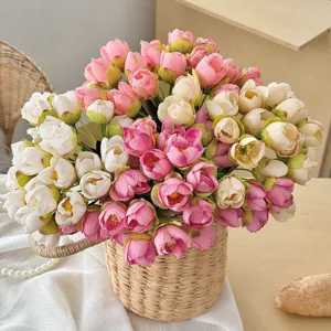 Lifestyle detail of 24-head artificial tulip bouquet presented in a woven basket