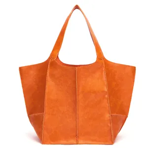 Bolso tote grande de cuero encerado naranja vintage con diseño de paneles y asas