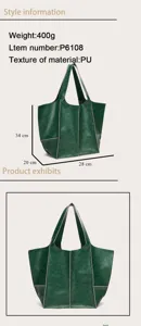 Detalle de bolso tote vintage verde en PU con medidas y peso especificados.