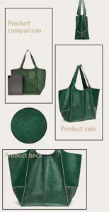 Múltiples vistas del bolso tote retro de cuero verde con tableta