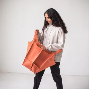 Bolso tote grande de cuero naranja vintage con diseño de paneles único con modelo
