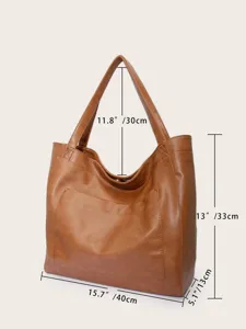 Detalle de un bolso tote de cuero marrón vintage que muestra dimensiones y bolsillos.