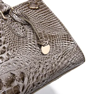 Primer plano de la textura de cocodrilo brillante de este bolso retro gris para mujer