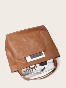 Bolso tote grande de cuero sintético marrón vintage con bolsillo e interior espacioso