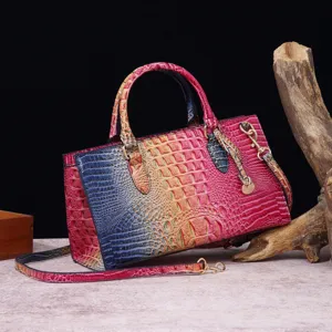 Bolso de Mano Vintage para Mujer de Cuero PU con Relieve de Cocodrilo Degradado Color de Contraste Bolso de Hombro Gran Capacidad