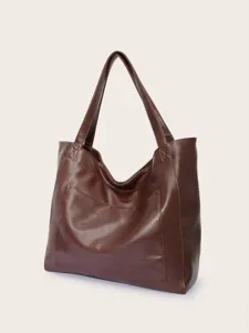 Bolso tote grande retro marrón de cuero sintético con bolsillo frontal y asas