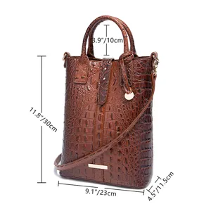 Vista detallada del bolso tote vintage marrón con patrón de cocodrilo y dimensiones