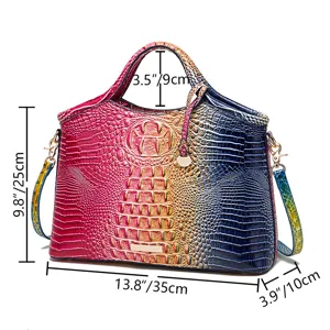 Vista detallada de las dimensiones del bolso de mujer con textura de cocodrilo multicolor