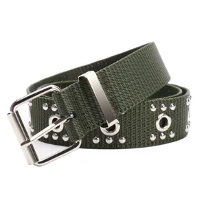 Punk style olive green nylon webbing belt with silver rivets and grommets for jeans