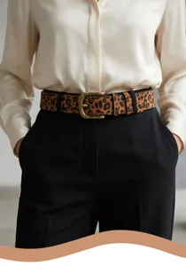 Detail shot of a vintage leopard print belt with a bronze metal buckle on black trousers