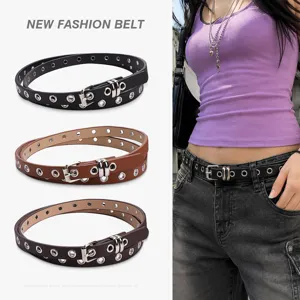 American Retro Punk Eyelet Belt For Women PU Leather Metal Double Prong Buckle Y2K Streetwear Fashion Waist Belt For Jeans