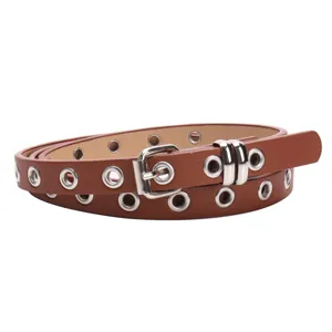 Vintage American style brown punk leather belt with silver eyelets for women's jeans
