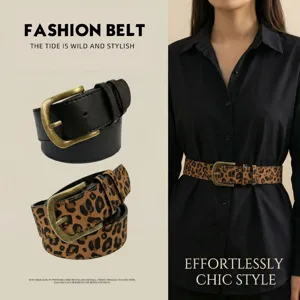 Stylish vintage leopard print and solid black women's belts with antique metal buckles