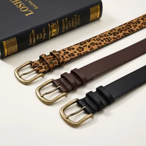 Set of 3 retro leopard print and solid faux leather belts with vintage metal buckles