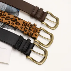 Vintage leopard print and faux leather belts for women with bronze metal buckles