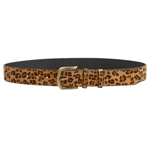 Vintage women's leopard print belt with a classic metal buckle on a white background.